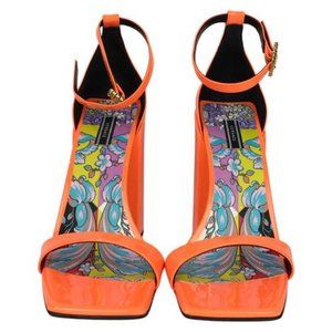 NWT Versace Women's Open Toe Chunky High Heel Sandals Orange Sz 40